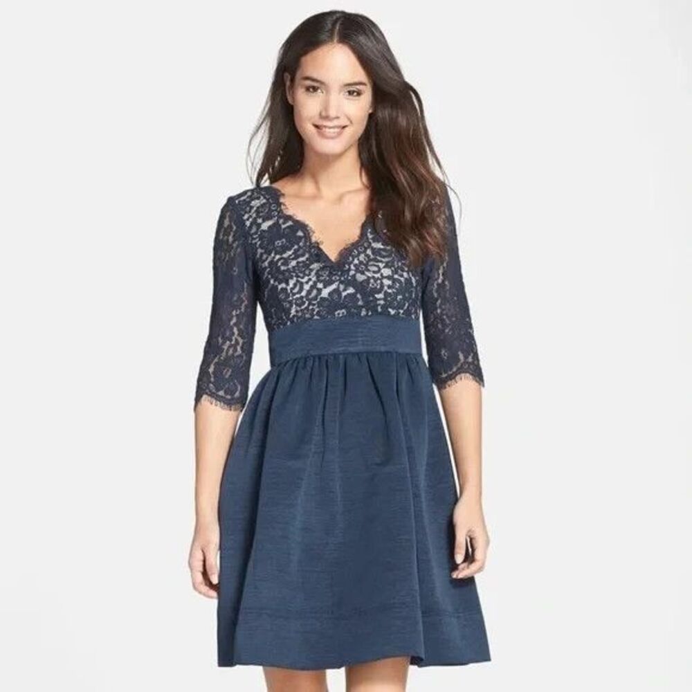Eliza J Fit & Flare Dress Lace Bodice Sweetheart‎ Neckline Pockets Navy Womens 8